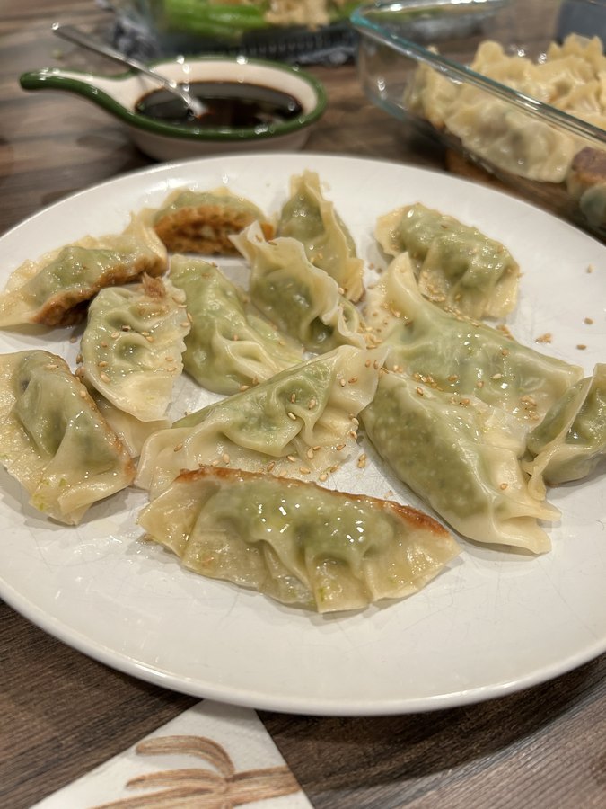 Pan-fried edamame dumplings on a white plate, dipping sauce behind